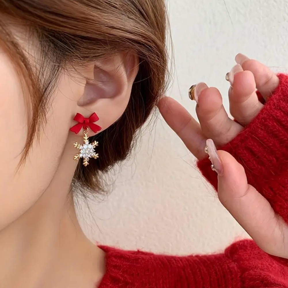 Red Bow Snowflake Earrings